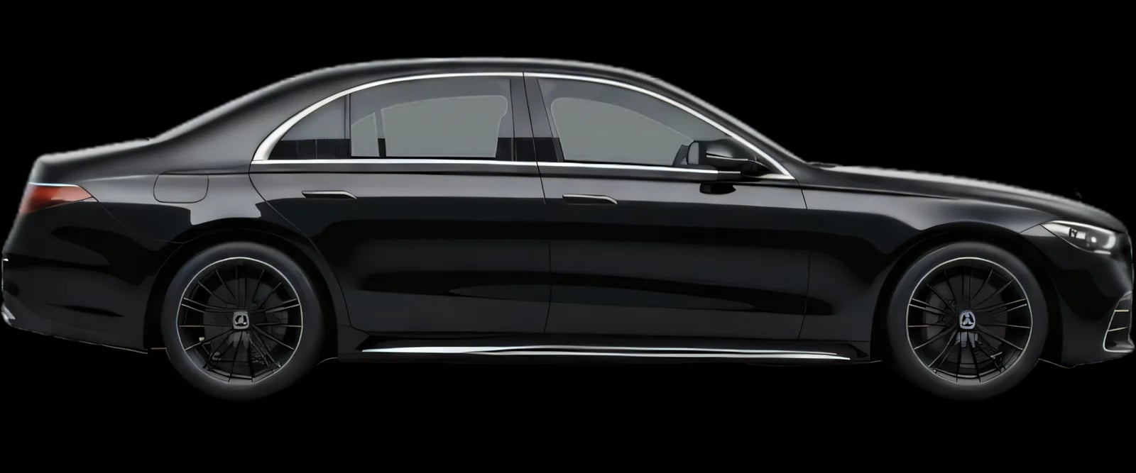 Luxury sedan in profile, Mercedes-Benz S-Class class vehicle on a transparent background with ground shadow
