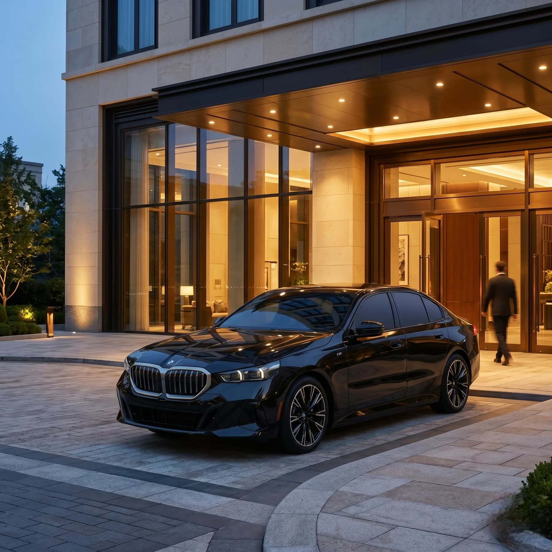 A sedan at a private terminal at dusk